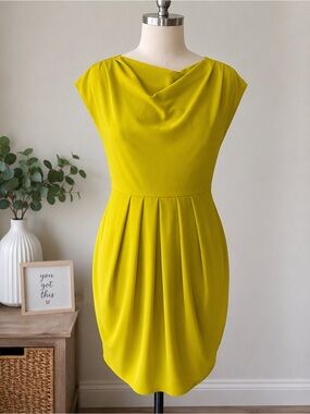 NWT Express Chartreuse Cowl Neck Pleated Mini Dress L Cap Sleeve Wedding Guest